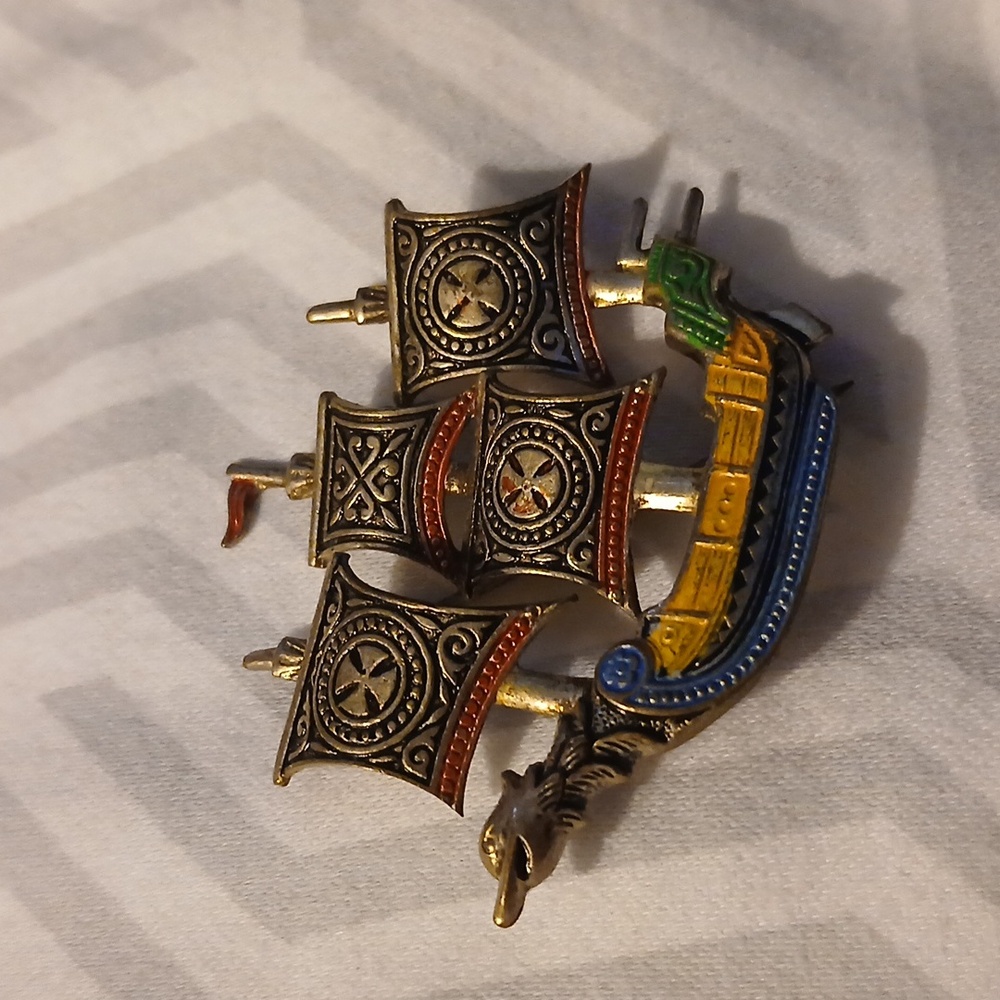 Vintage Damascene Spanish Ship Brooch